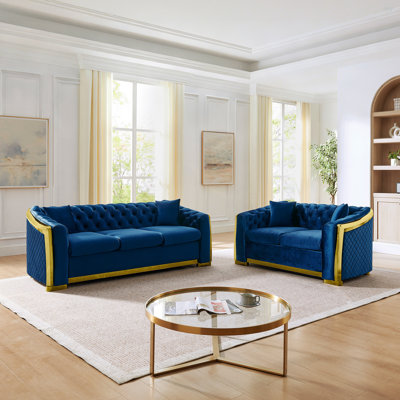 2 Piece Mid Century Modern Bessemer Luxury Couches For Living Room, Chesterfield 3-Seater & Loveseat Blue And Gold Couch With Stainless Steel Decoration And 4 Pillows