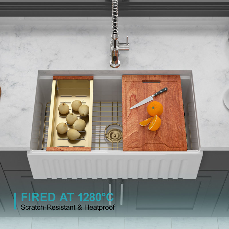 33 po x 20 po x 10 po - Station de travail blanche avec évier de cuisine en porcelaine