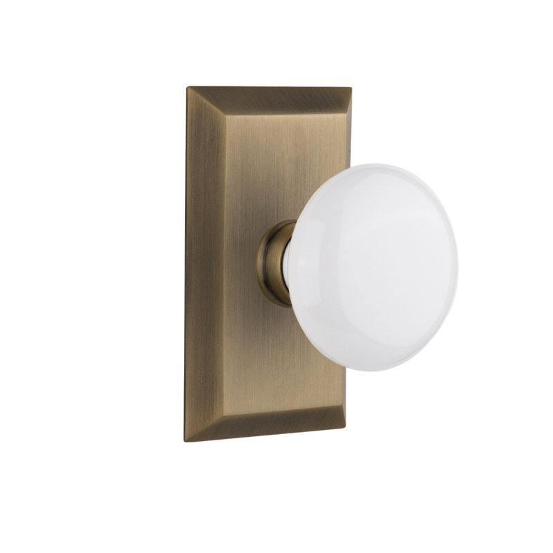 Studio Plate with White Porcelain Door Knob, 2-3/8”, Antique Brass