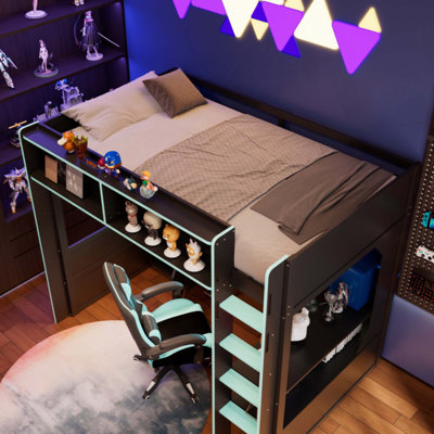Gaming Loft Bed with Integrated Desk and Lights, Modern Wooden Bed Frame with Desk and Built-in Charging Station