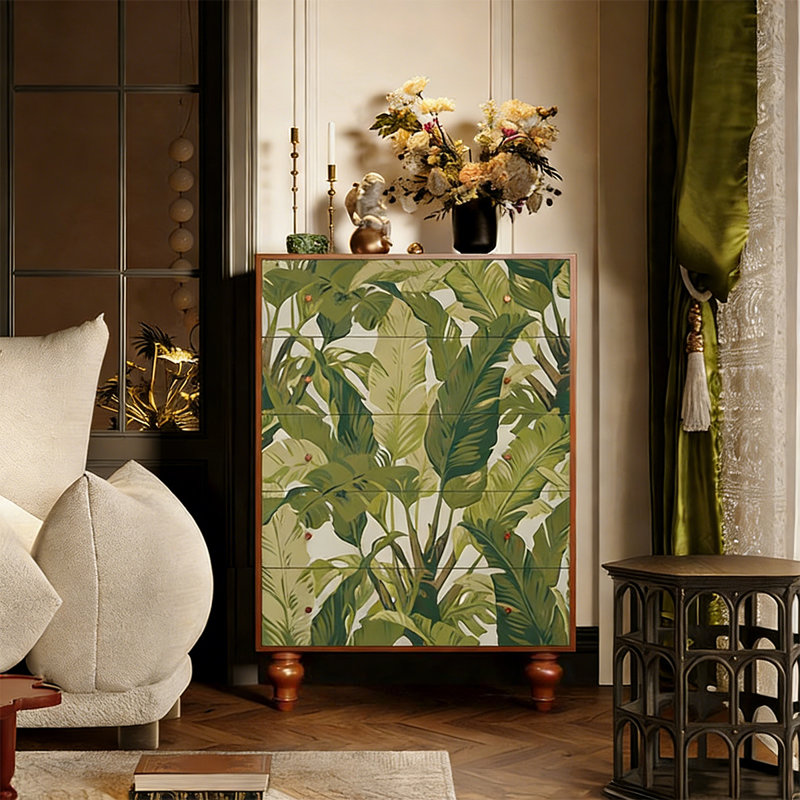 Armoire de rangement décorative en bois massif à 5 tiroirs, Noyer