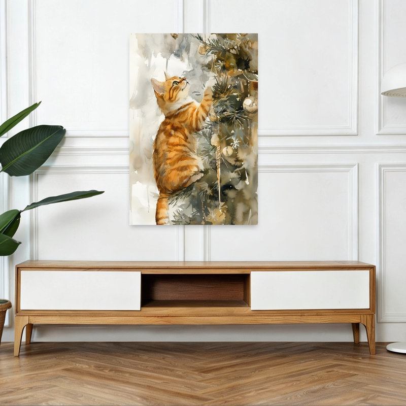«Curious Christmas Kitten Playful Abstract Contemporary Christmas Tree Pine Tree Winter Landscape Art mural»