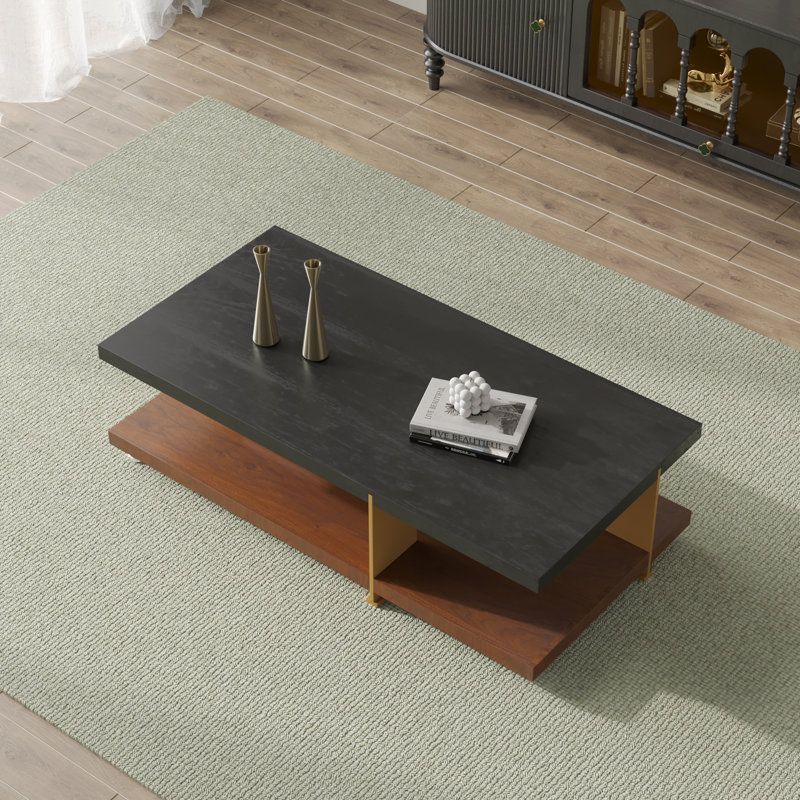 Table basse rectangulaire avec rangement, Plateau noir / base brune