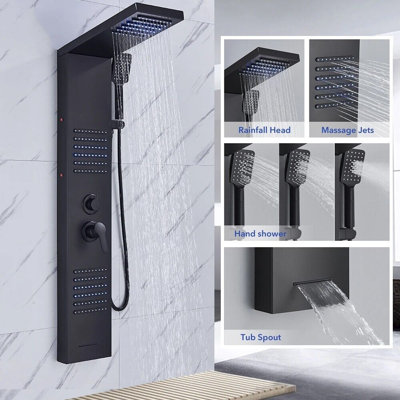 Black LED Shower Panel Tower System Rainfall Head Massage Shower System Body Jet