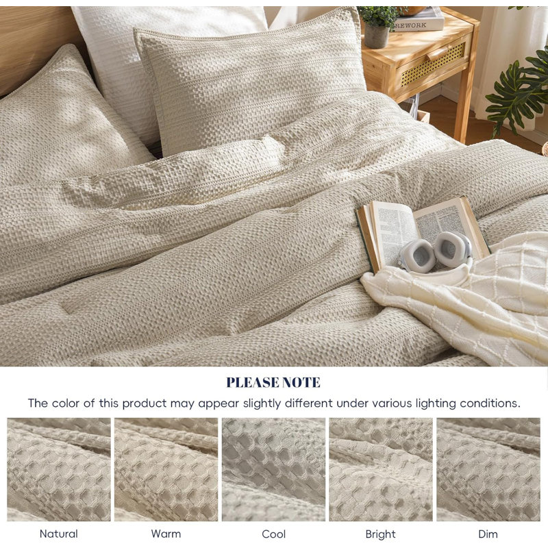PHF Soft Waffle Comforter Set, Comfy Breathable Lightweight Textured Waffle Weave Comforter Bedding Set, Natural