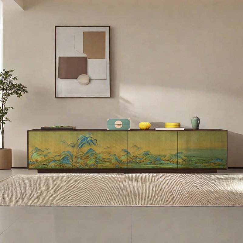 Meuble télé en bois de pin naturel, Brun/vert, 86.61"