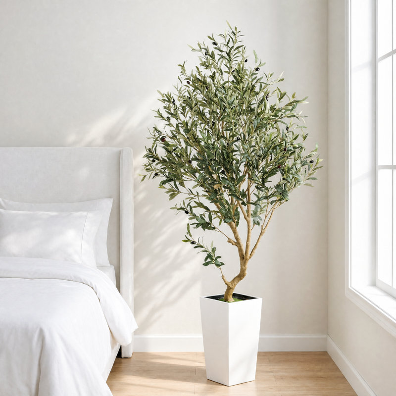 Arbre à fleurs 5,5 pi en olivier artificiel réaliste pour la maison et le bureau, Blanc