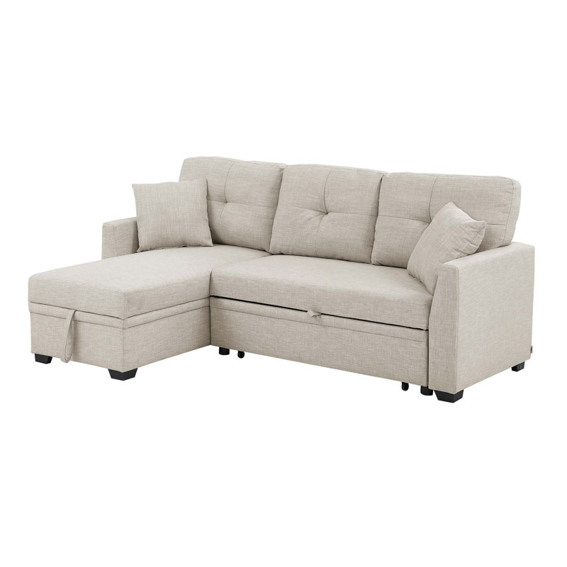 83" Modern Pull Out Sectional Sofa With Left Storage Chaise, Beige