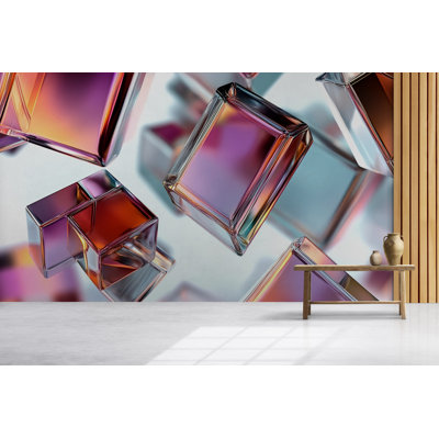Floating Glass Cubes Wallpaper – Modern 3D Transparent Geometric Mural With Iridescent Light Reflection For Trendy Office, Tech Room Or Stylish Wall Decor