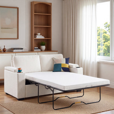Pull Out Sofa Bed with Cup Holders and Arm Storage Space