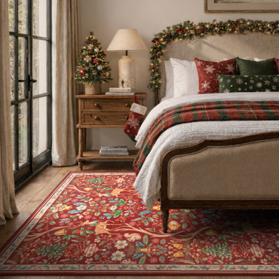Kaldi Vintage Christmas Deer Floral 5 ft. x 7 ft. Red  Area Rug for Living Room, Bedroom & Dining Room