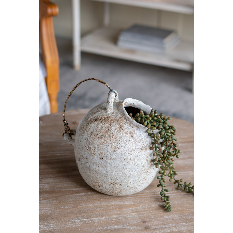 Cruche décorative en céramique tirée à la main 10 po x 8,5 po x 10,5 po avec finition blanche usée et poignée enveloppée de fil