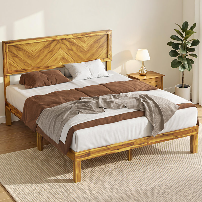 Cadre de lit plateforme en bois massif de style Mid-Century avec tête de lit haute et lattes de bois, Double