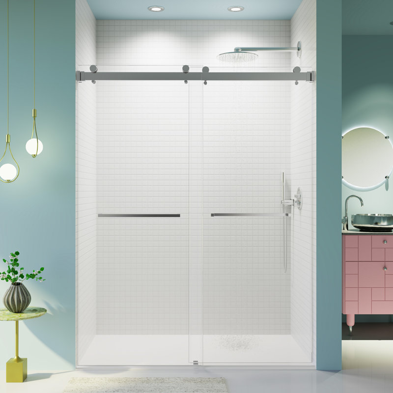 Carlos 56–60'' W x 76'' H Frameless Bypass Shower Door with 3/8'' Tempered Glass (No Soft-Close), Nickel
