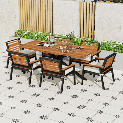 7-Piece Outdoor Dining Set with 6 Cushioned Chairs, Patio Garden Furniture with Adjustable Feet Table