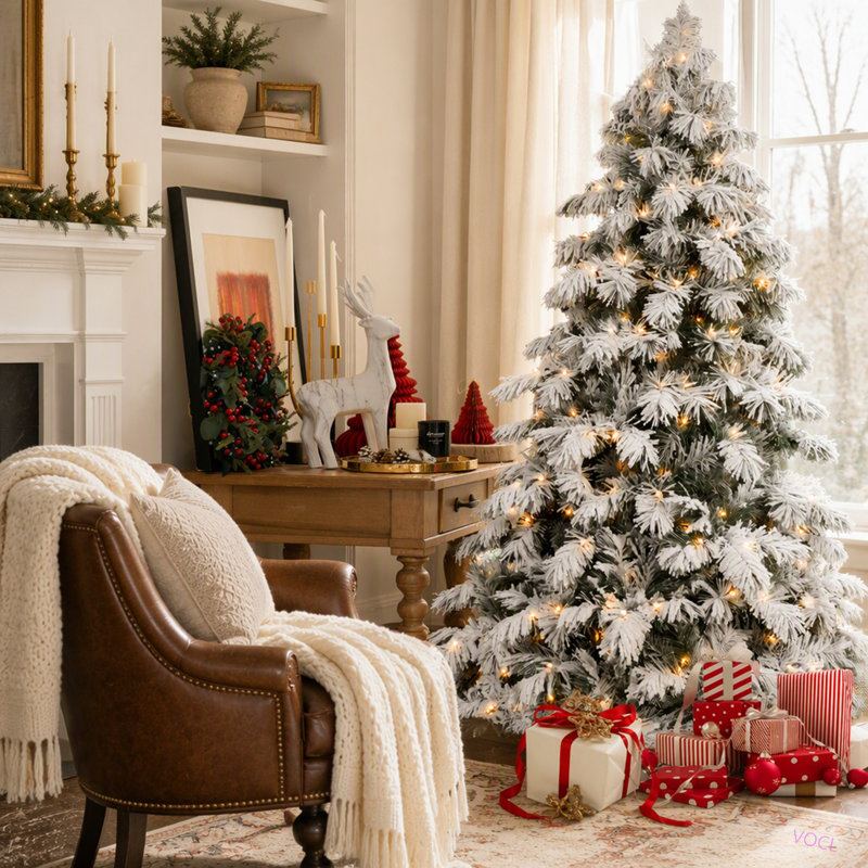 Arbre de Noël en forme d'épouvantail enneigé 7 pi avec 360 lumières DEL chaudes, 890 pointes de mémoire en PVC, poteau électrique et structure à charnières - arbre de Noël réaliste enneigé