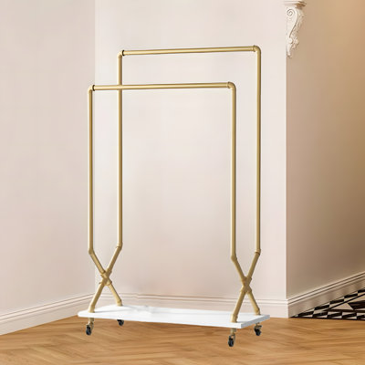 Clothes Rack On Wheels ,Rolling Garment Double Rods Rack For Hanging