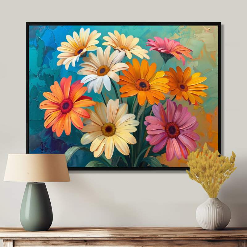 Impression florale vibrante de marguerites multicolores II - marguerites, Cadre flottant noir, H 12 po x l 20 po