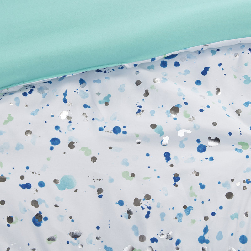 Abby Metallic Printed and Pintucked Comforter Set, Full/Queen Comforter + 2 Shams + 2 Throw Pillows, Aqua Blue