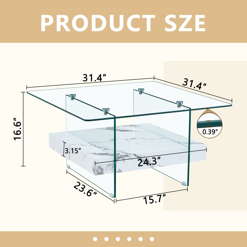 Table basse carrée 31,4 pouces à deux niveaux - une combinaison élégante de verre transparent et d'autocollant en marbre. Elle peut être utilisée comme table basse, table d'appoint ou présentoir.