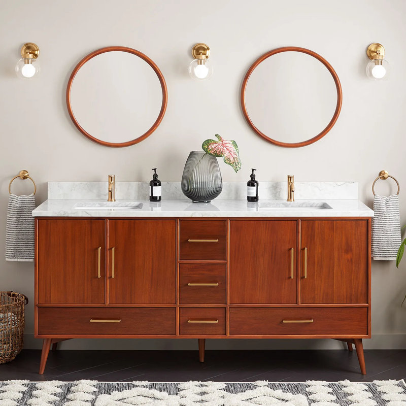 72" Novak Double Bathroom Vanity Set with Rectangular Undermount Sinks, Single-Hole, Natural Teak, Carrara Marble