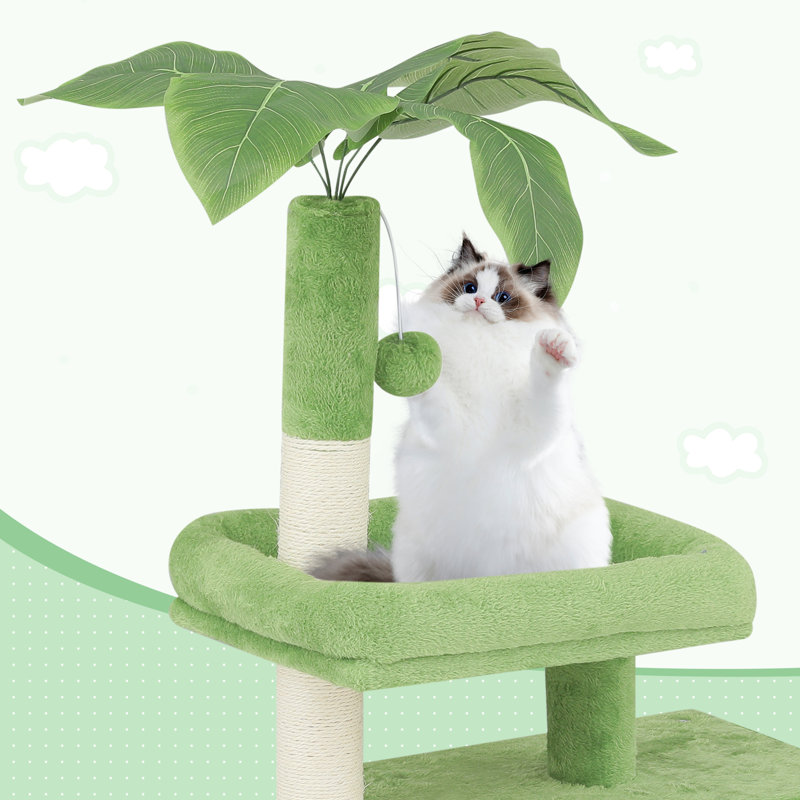 32" Green Cat Tree Tower with Leaf Design and Perch