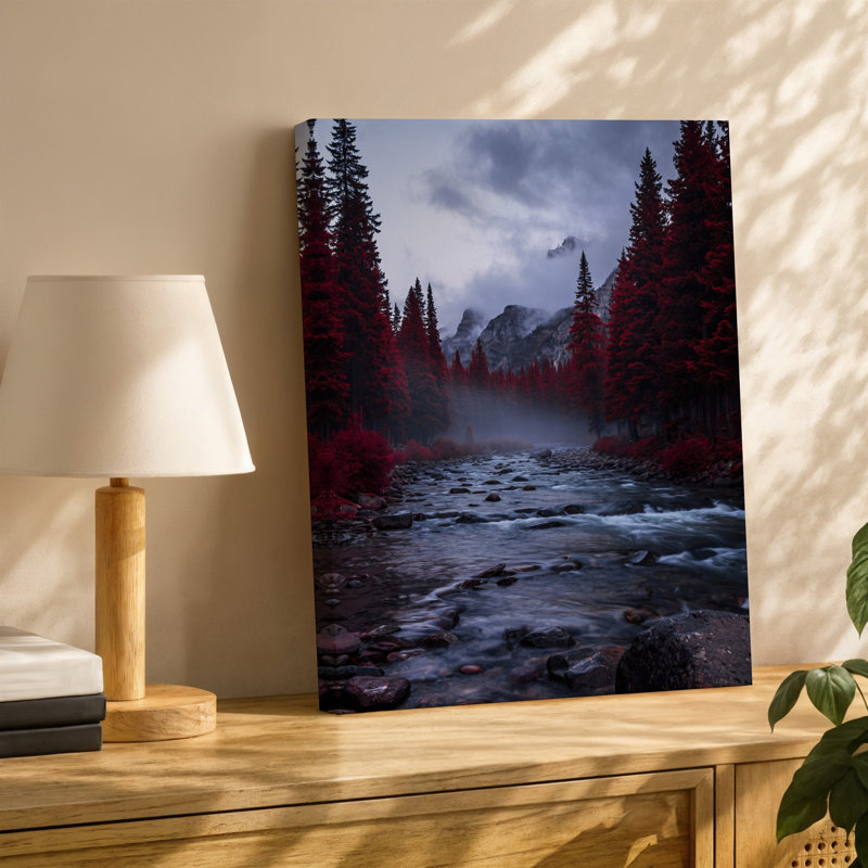 Toile, "Mystical Forest Scene At Dusk Domated By Vibrant Red", art mural, H 12 po x l 9 po