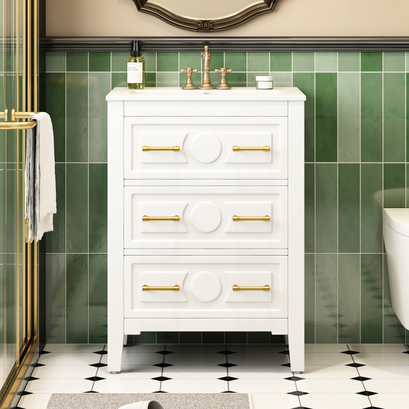 Meuble-lavabo blanc 24 po avec lavabo en céramique 24 po, 3 tiroirs, conception élégante de style rétro, armoire facile à assembler, détails, trois trous pré-percés