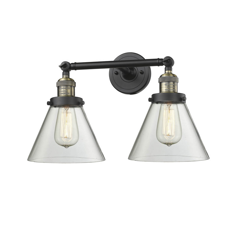 Cone 2 Light Bath Vanity Light, Black Antique Brass, Clear, 60 Watt Vintage Incandescent Bulb