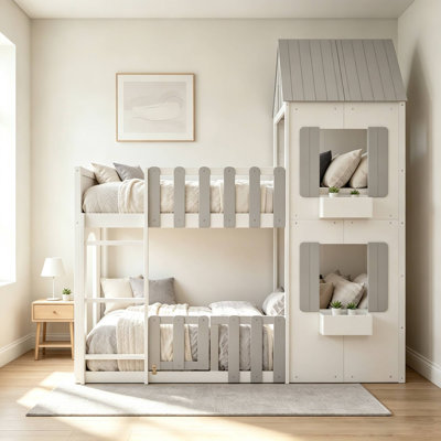 Full Over Full Castle Playhouse Bunk Bed with LED Lights, Storage Cubbies & Locking Safety Guardrails, Wooden House Bed with Roof Window Decor