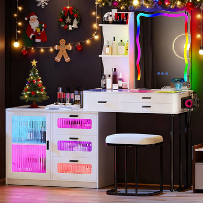 Makeup Vanity Table With Charging Station, Glass Top Vanity Set With Rgb Lights, 6 Drawer Dresser With Large Storage Side Cabinet