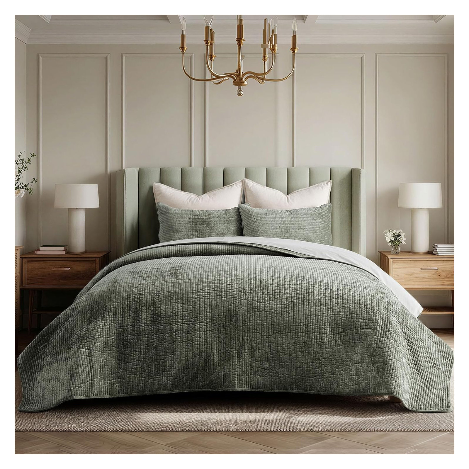 Striped Channel Velvet Quilt Set, Queen, Dried Thyme
