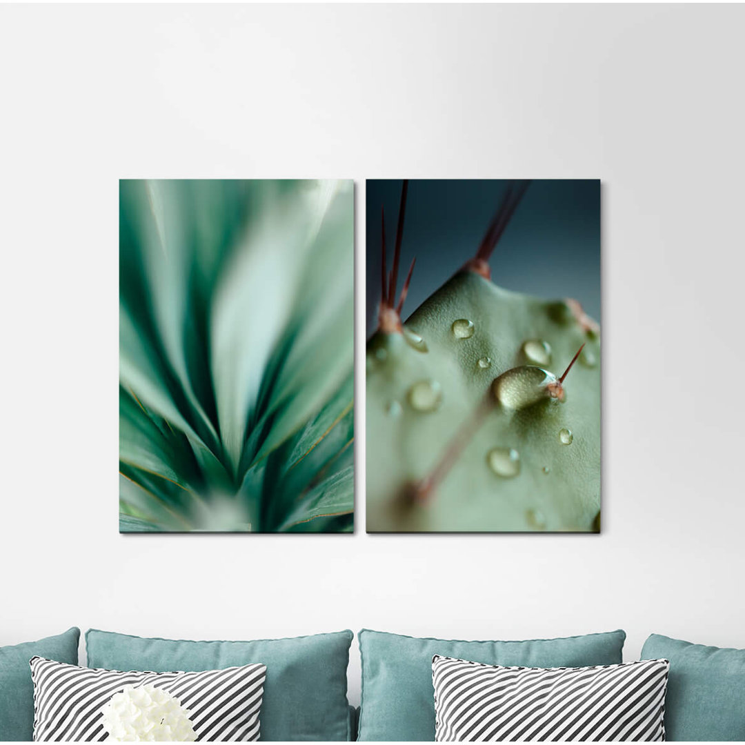 2-tlg. Leinwandbilder-Set - Grafikdruck „Plants Raindrops Cactus Green Fresh Calming”