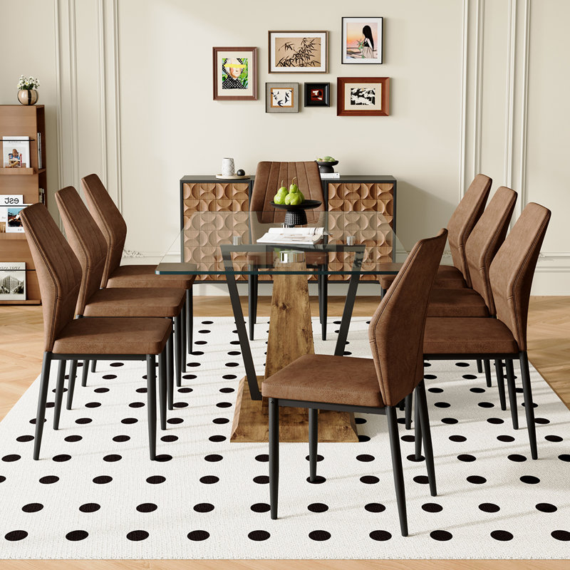 Ensemble de table de salle à manger moderne en verre pour 6 à 8 personnes, table de salle à manger élégante avec chaises pour la famille et le divertissement