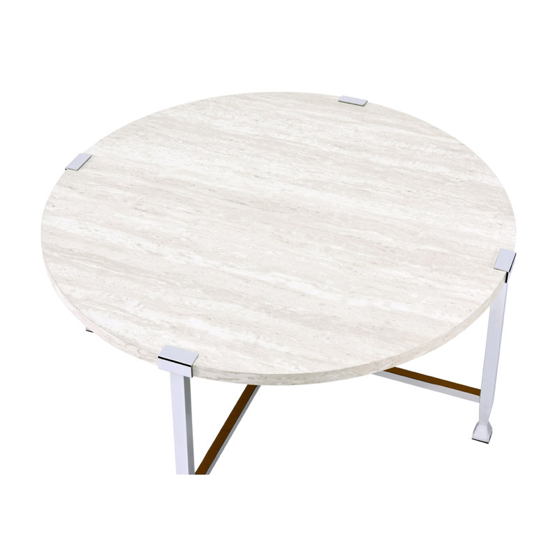 Table basse ronde à pieds en métal avec surface en placage de papier de chêne blanc, 36 po de largeur, 29 lb, idéale pour les salons de bureau, les espaces de divertissement