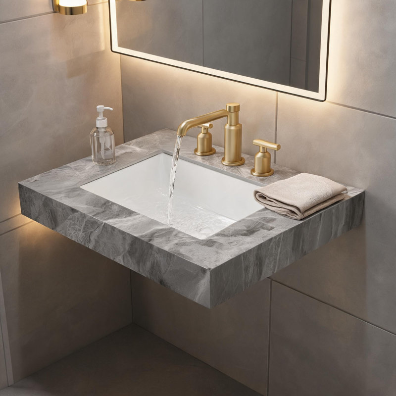 Comptoir en pierre frittée gris clair de 24 pouces et lavabo en céramique encastré avec trois trous prépercés pour robinetterie standard