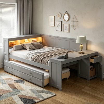 Daybed with Storage Shelves,Drawers,Trundle,Charging Station,LED Light,Desk and Cabinet