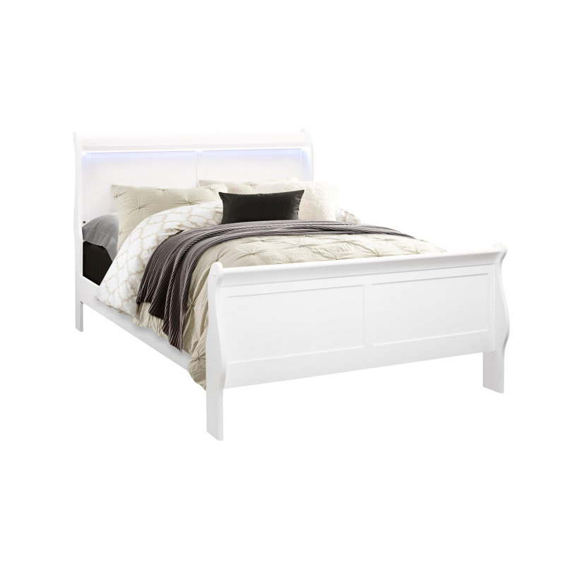 Lit double blanc avec DEL, style moderne pour rehausser la chambre à coucher, finition, bois massif et profondeur de 54,8 po, largeur de 83,6 po, lit de 46,92 po, matériau de caoutchouc de chambre à coucher