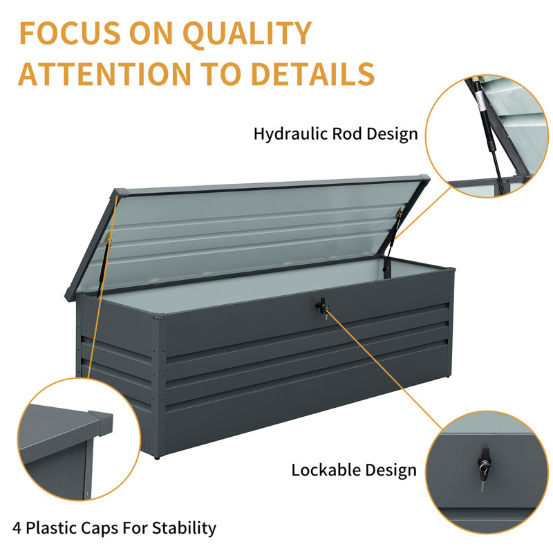 Coffre de terrasse en métal 260 gallons - imperméable et verrouillable. Très grand rangement pour patio, jardin, piscine. Gris foncé La météo change. Mécanisme de fermeture par l'utilisateur. Conception de table polyvalente. Assemblage rapide pour