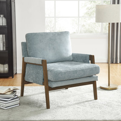 Fauteuil d'appoint Mid-Century moderne en velours bleu - confortable et polyvalent. Fabrication, revêtement, pieds rembourrés. Convient au salon, à la chambre à coucher et aux espaces de loisirs. H 33,48 po x l 30,28 po x P 35,4 po avec bois d'hévéa