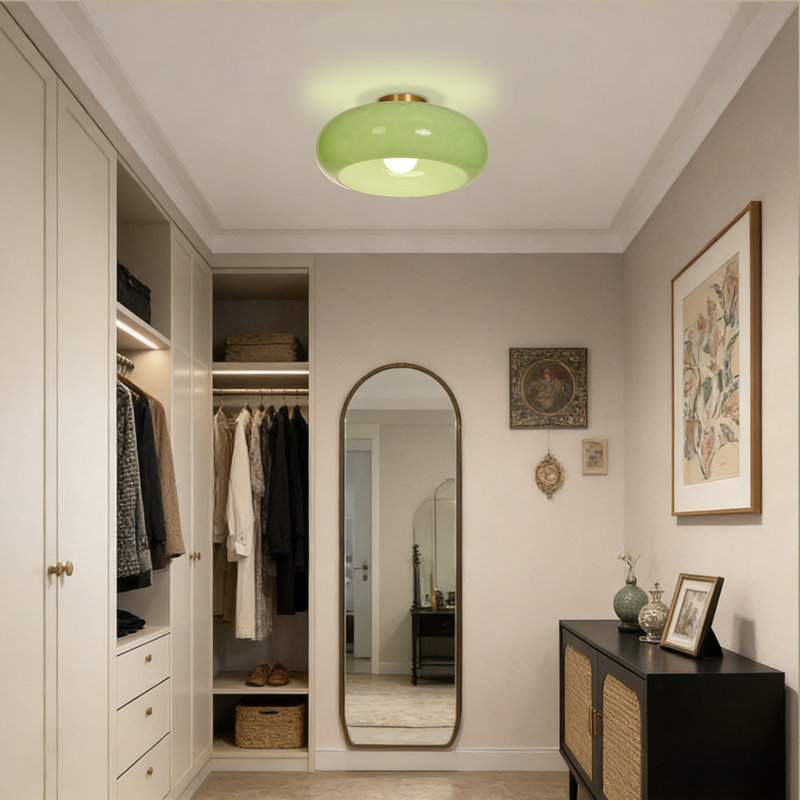 Modern Green Glass Flush Mount Ceiling Light with Gold Metal Base, 5.31" H x 15.75" W x  15.75" D