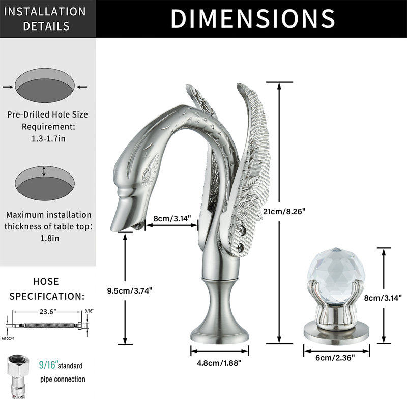 Ensemble de robinet de salle de bain Swan Spout avec poignées en boule de cristal, nickel brossé Mosson