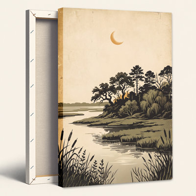«River Trees and Crescent Moon», art mural sur toile demi-teinte rétro