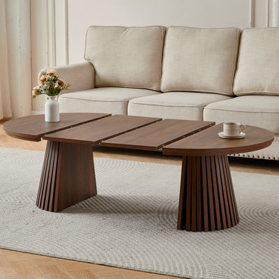 Table basse en bois ronde en bois, flexible et extensible, multifonctionnelle et peu encombrante, conception ovale tendance et pieds de table à lattes, table à thé ou bureau, table de salon moderne