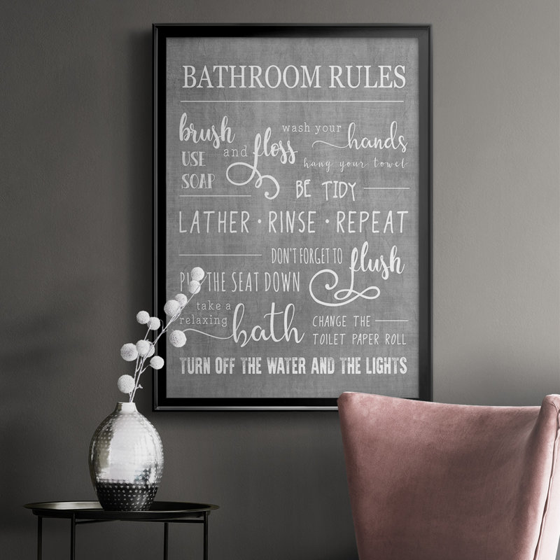 «Neutral Bathroom Rules», reproduction encadrée de qualité supérieure - prête à être accrochée, Noir