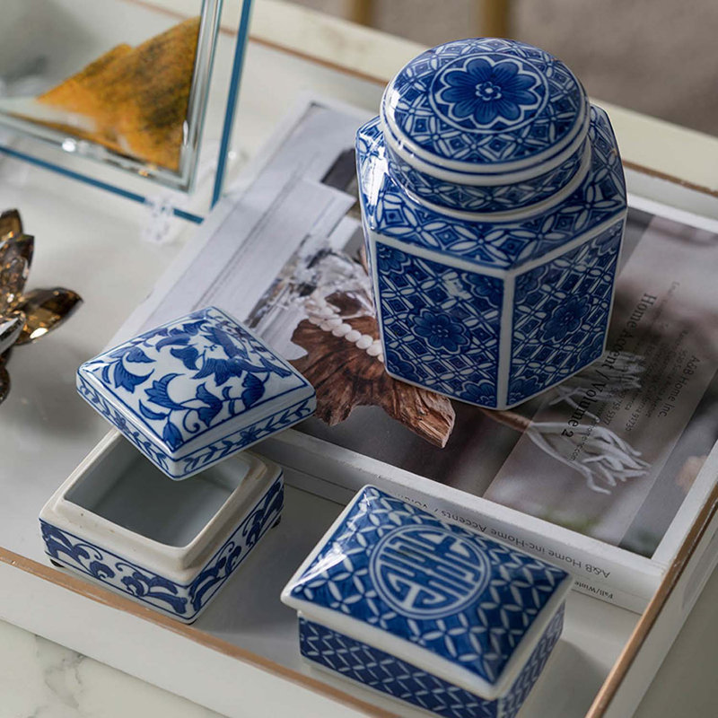 Ensemble de 3 boîtes décoratives en porcelaine bleue et blanche, boîtes de rangement chinoises pour bijoux, bibelots et souvenirs