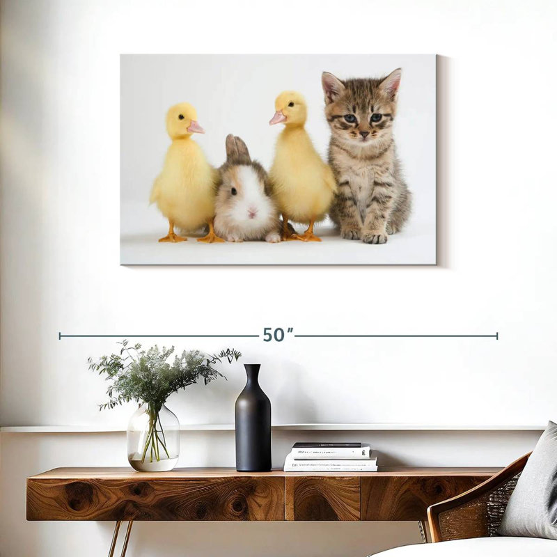 Brampt Kitten With Ducklings And Rabbit, 24" H x 36" W