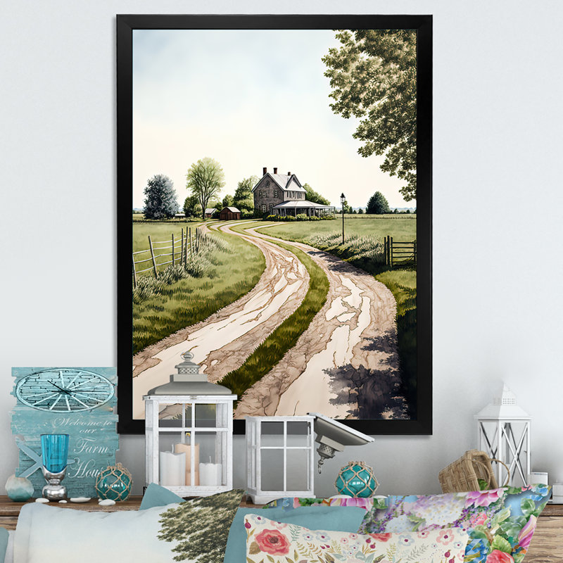 Chemin sinueux menant à une ferme II - impression sur toile, Toile encadrée noire à coins fermés, H 32 po x l 16 po x P 1 po