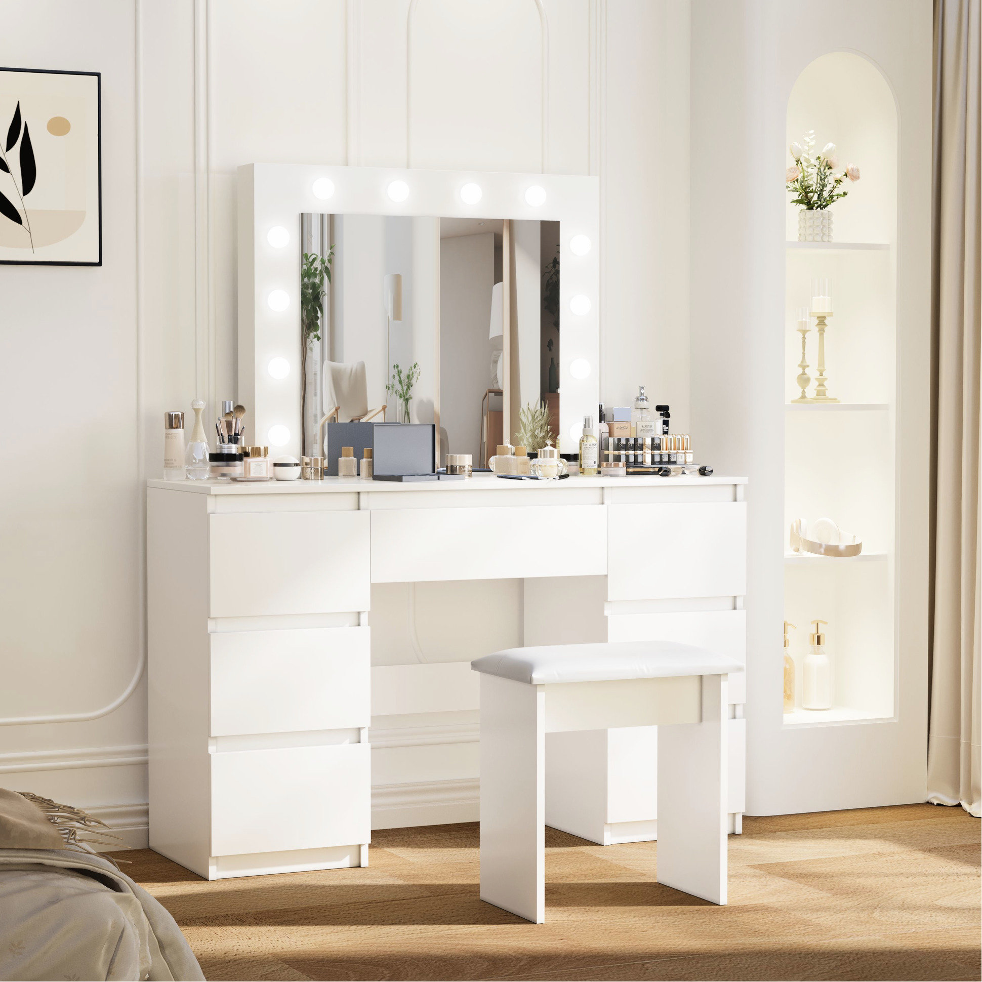 Latitude Run® Large Vanity Table With Mirror And 3 Ample Storage For