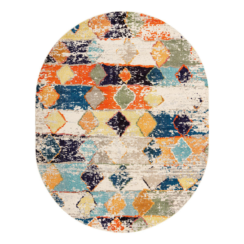 Abstract Beige/Blue/Orange Area Rug, Oval 7'1" x 10'